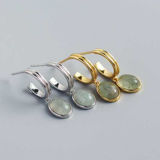 Minimalist Vintage S925 Sterling Silver Geometric C-Shaped Aventurine Inlay Earrings