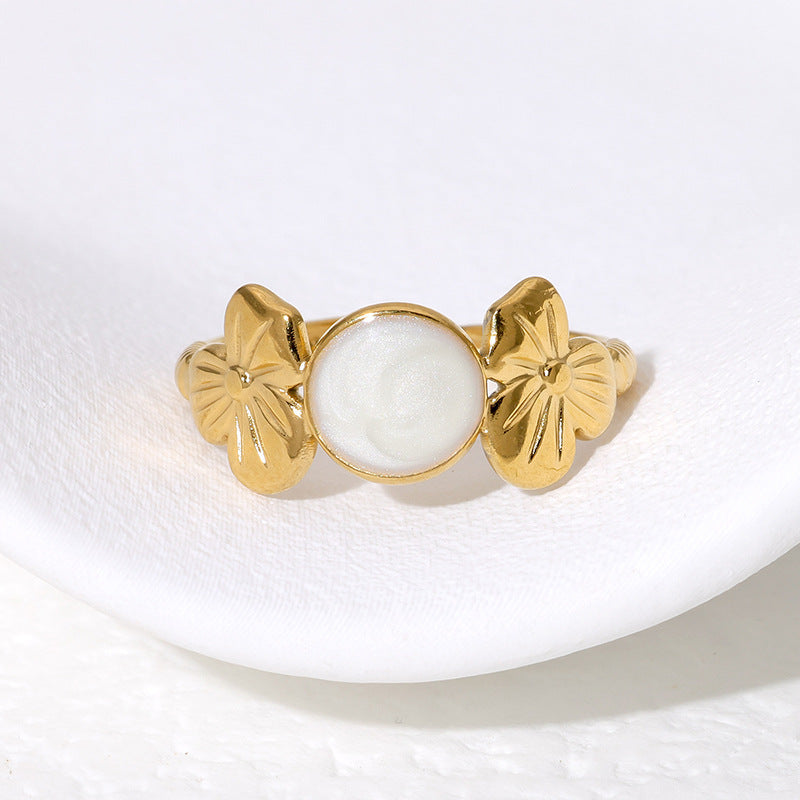 Minimalist Floral Drip Oil Plated Stainless Steel Open Ring for Women