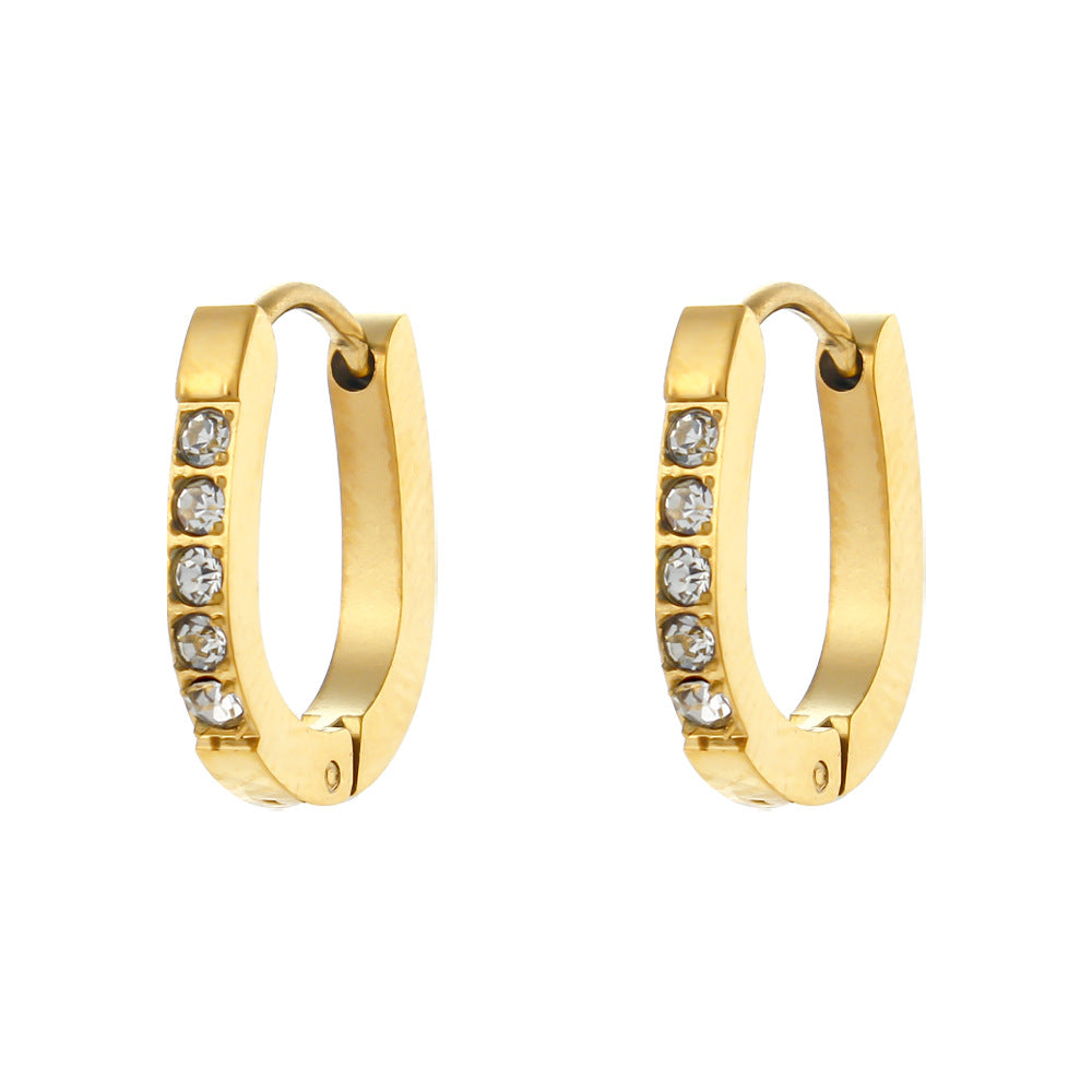 Fashion Minimalist Geometric C-Shaped Zirconia-Set Stainless Steel Earrings with 18K Gold Plating for Women