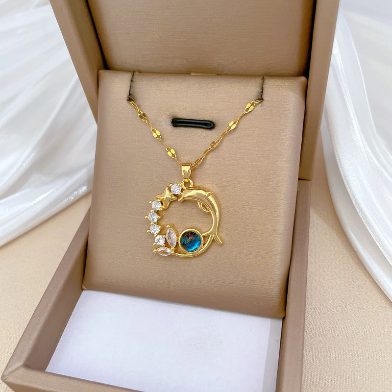 Elegant Fresh Sweet Titanium Steel Geometric Rhinestone Pendant Necklace for Unisex