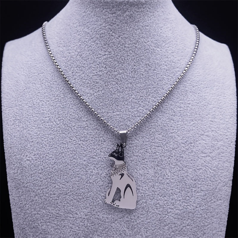 Vintage Egyptian Cat Goddess Pendant Necklace in Stainless Steel with Gold Plating, Animal-Themed Fashion Jewelry for Unisex