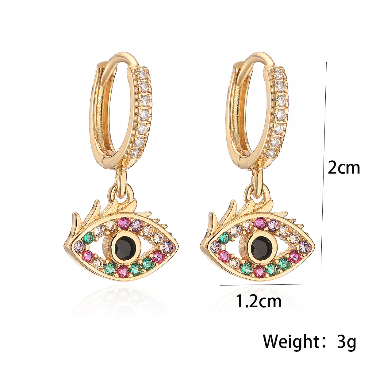 Orecchini a perno geometrici minimalisti color oro e rame con zirconi colorati a forma di occhio di Hamsa per donna
