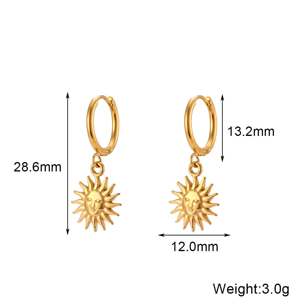 Minimalist Geometric Stainless Steel Sun Pendant Hoop Earrings for Women with Plated Finish
