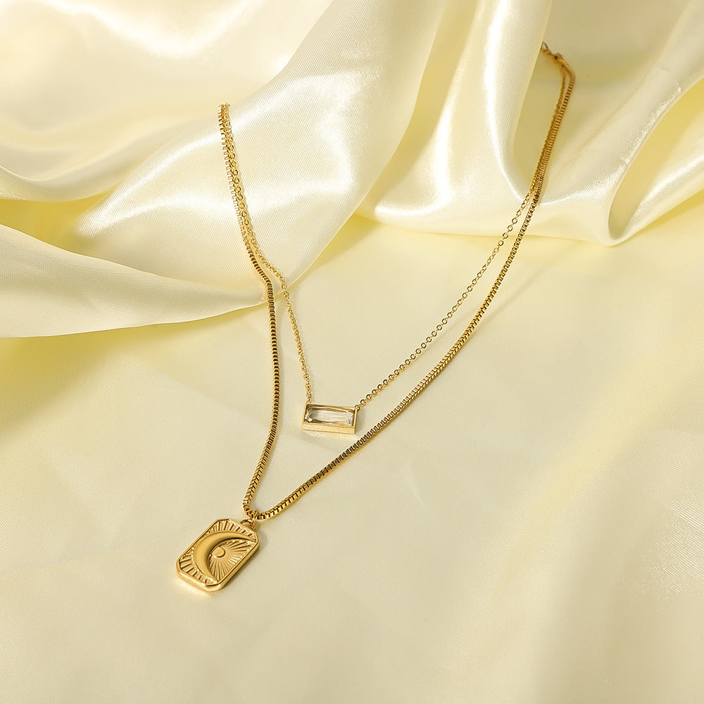Minimalist Moon and Sun Geometric Pendant Necklace in Stainless Steel with Rhinestone Inlay on O-Chain for Women