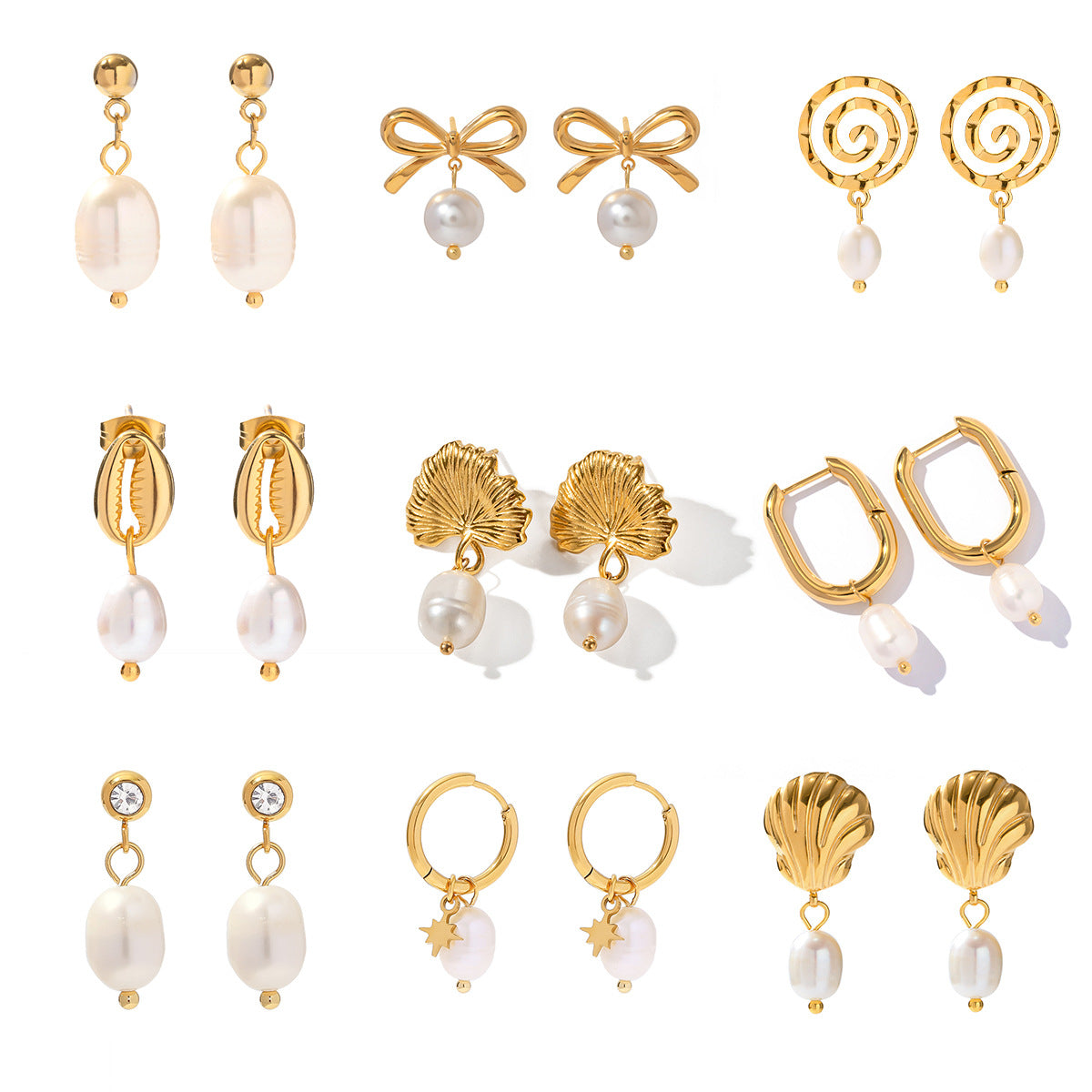 Pendientes colgantes de ginkgo de acero inoxidable chapado en oro de 18 quilates estilo Ins con perla de agua dulce para mujer