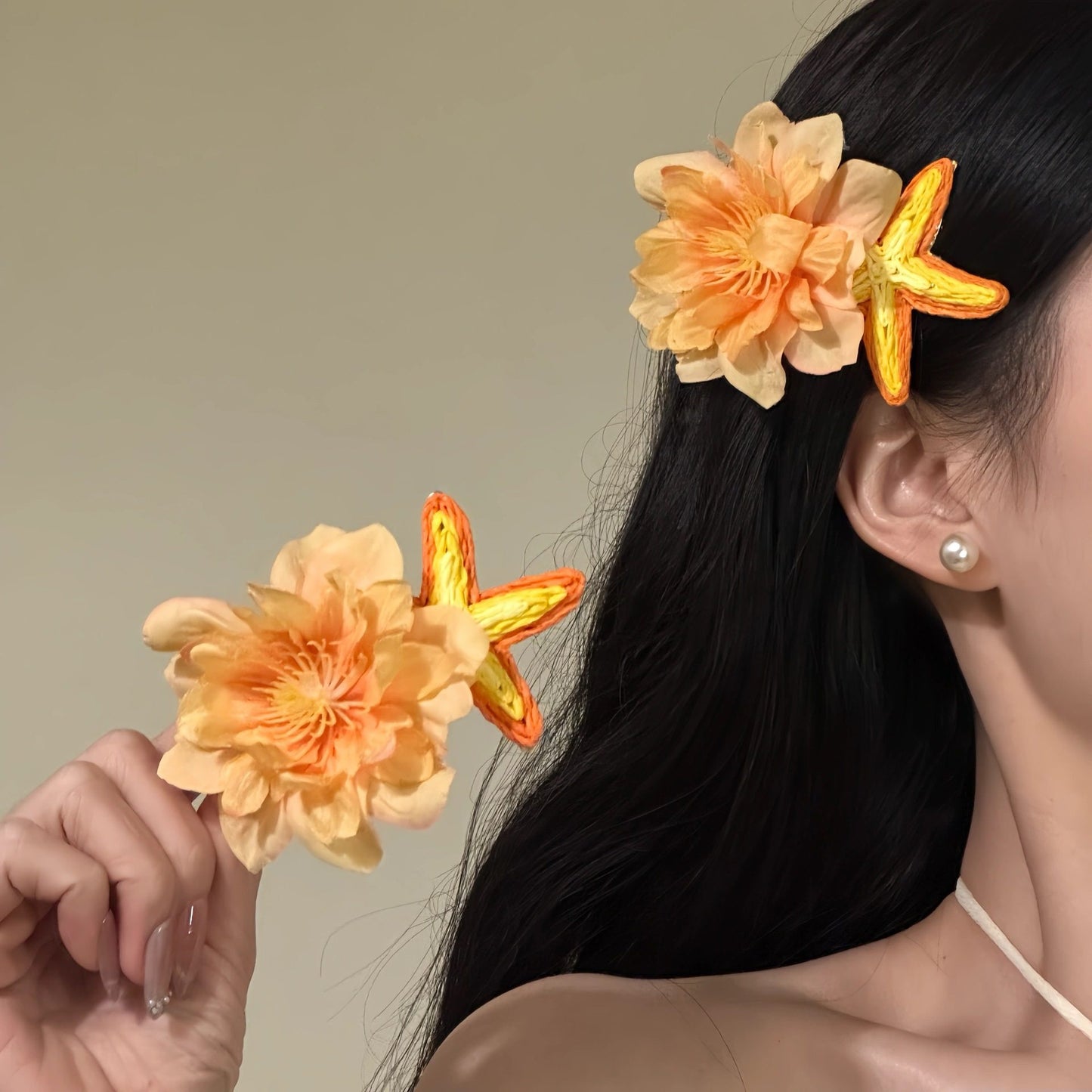 Elegant Floral Star Hair Clip for Women with Fabric Petals and Duckbill Design in Sweet Minimalist Style