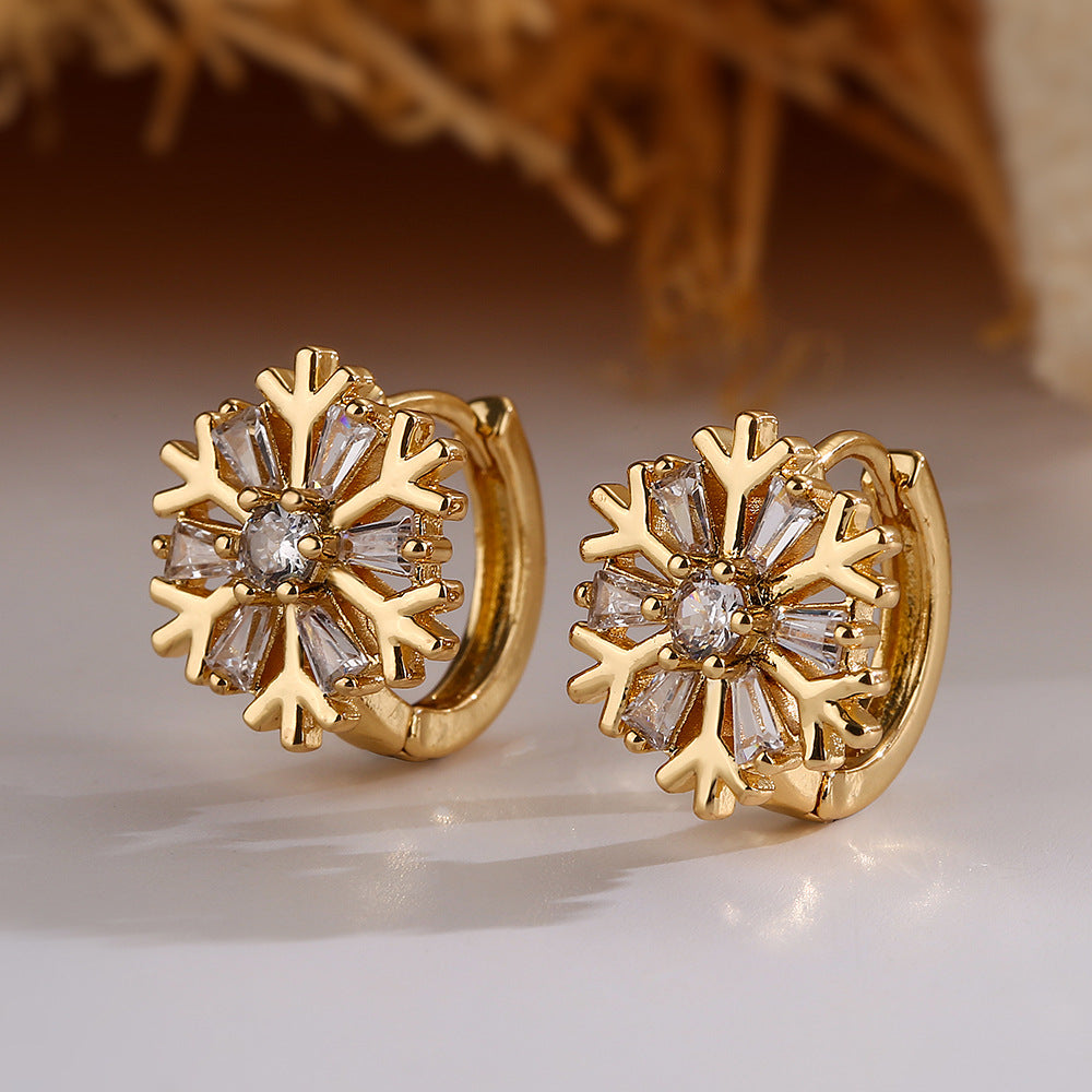Minimalist Elegant Gold Plated Brass Geometric Bow Snowflake Earrings with Cubic Zirconia for Women