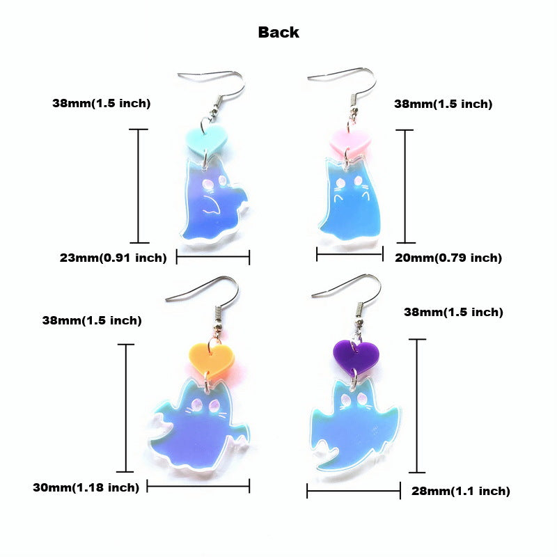 Lindos aretes acrílicos de gato fantasma de Halloween con colores de caramelo y efecto iridiscente
