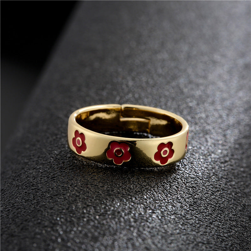 Geometric Floral Drip Oil Gold Plated Brass Ring for Women