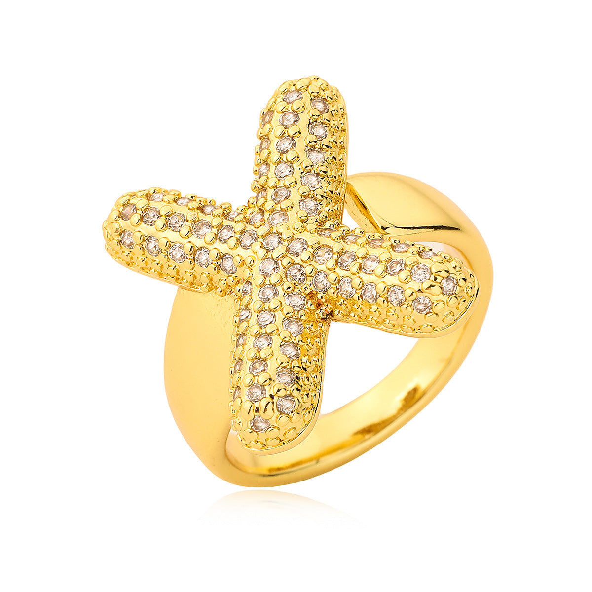 Minimalist Geometric Letter Zirconia Ring for Women in Copper with Gold Plating and Micro-Pavé Setting