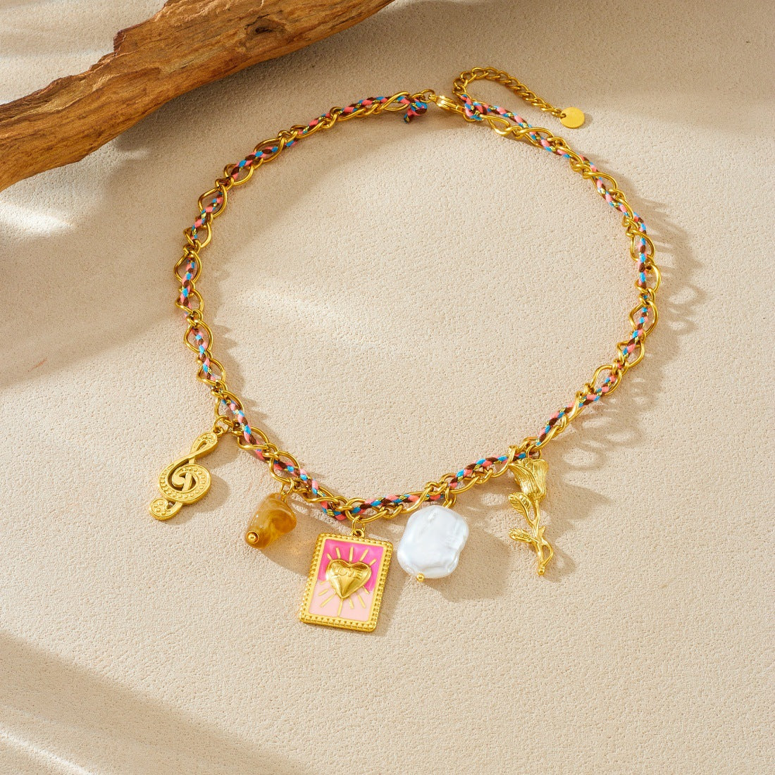 Sweet Streetwear Gold Plated Stainless Steel Heart Square Musical Note Pearl Pendant Necklace