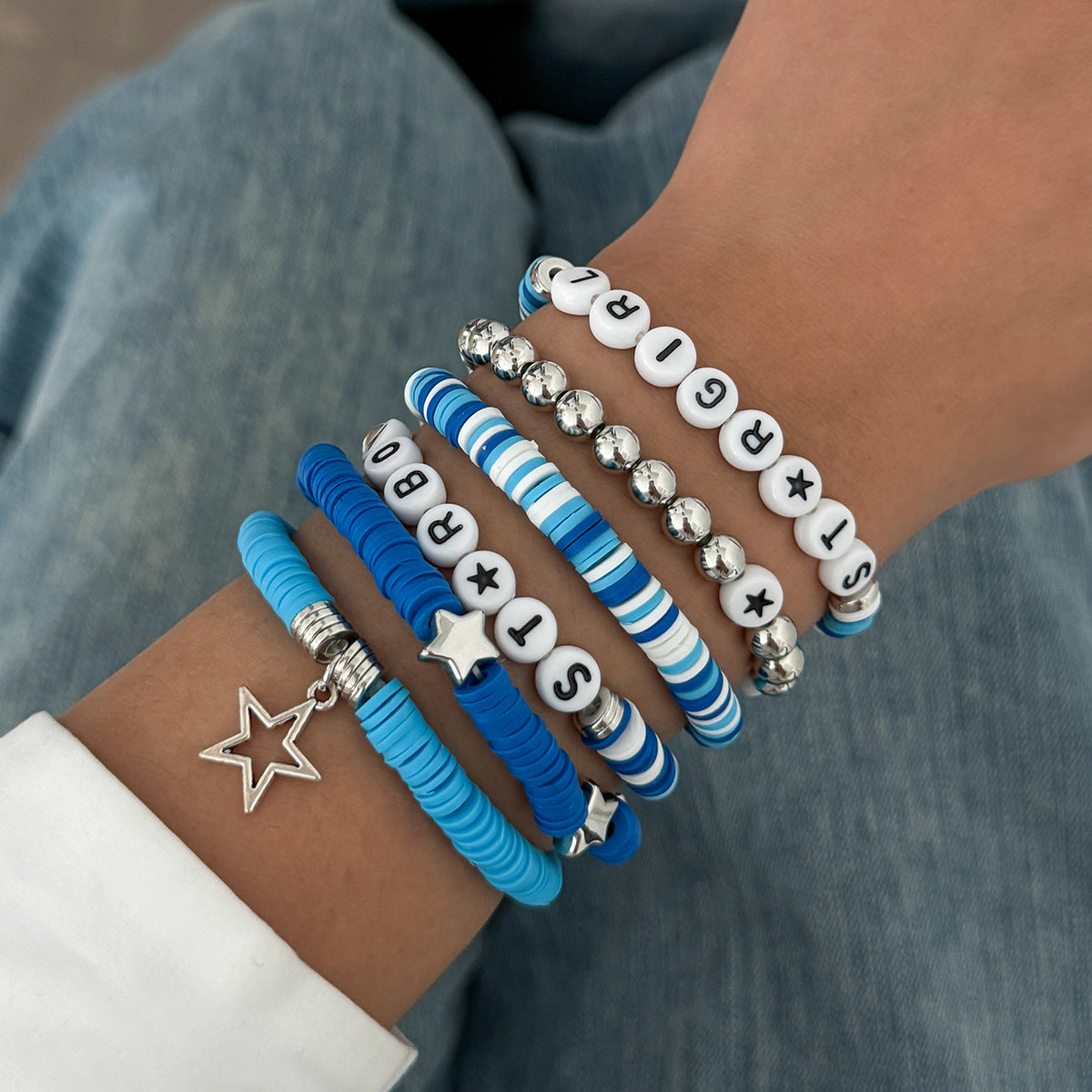 Color Block Letter Star Resin Stretch Bracelet for Women