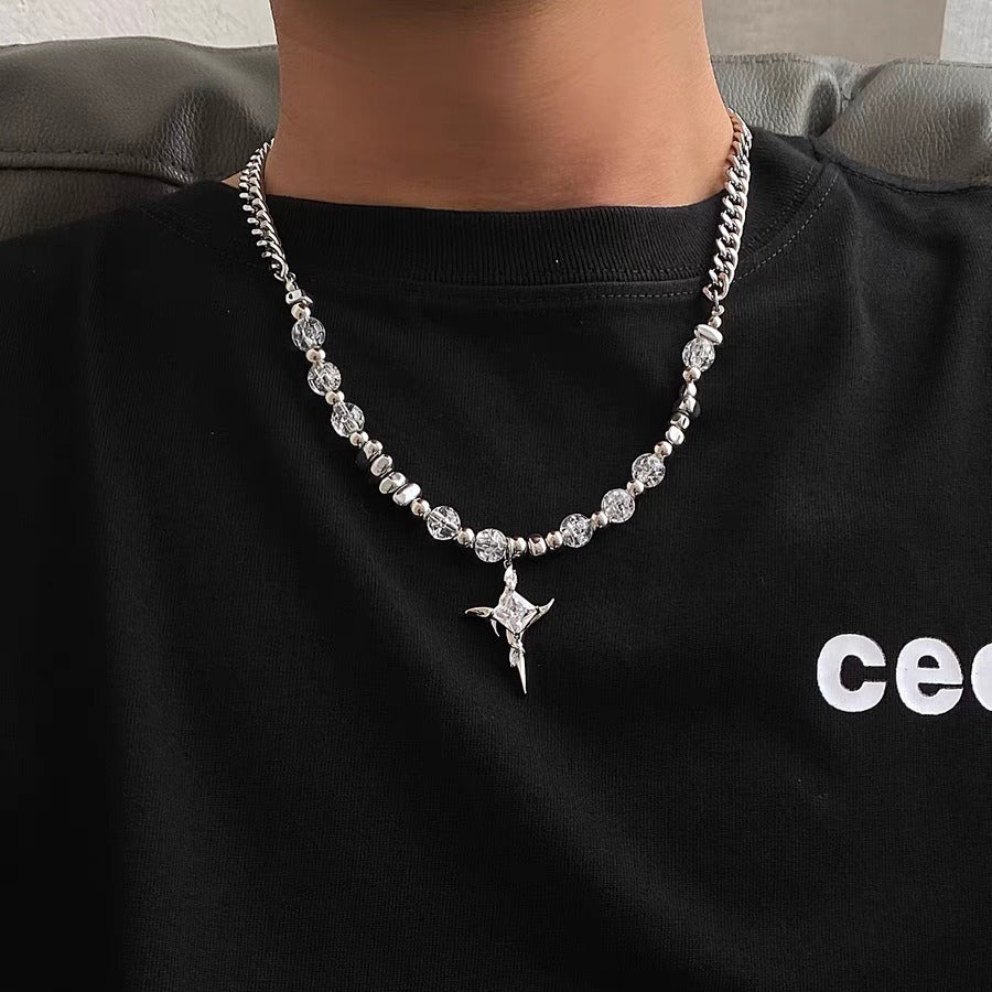 Collar con colgante de cruz minimalista de acero de titanio geométrico con detalle de cuenta agrietada para unisex, acabado pulido
