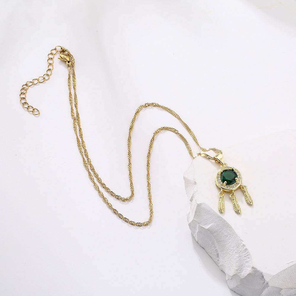 Minimalist Geometric Pendant Necklace for Women in Copper with 18K Gold Plating and Green Zirconia