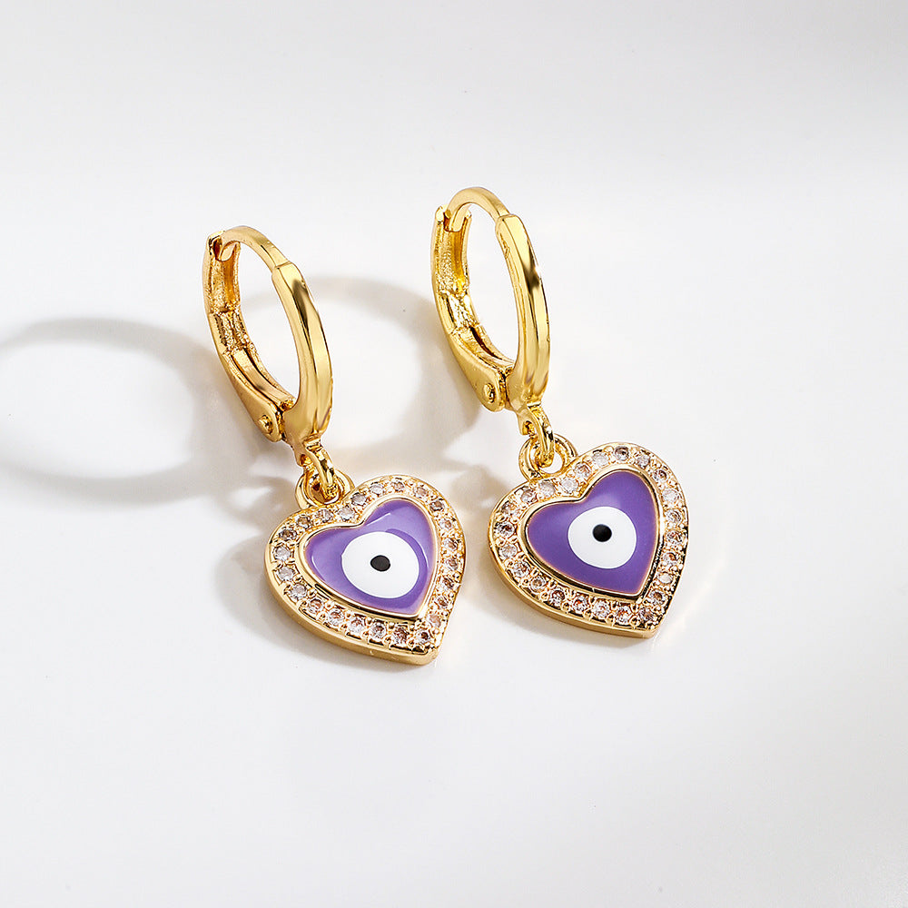 Elegant French-Style Geometric Eye and Heart Earrings for Women in Copper with Gold Plating and Enamel Finish