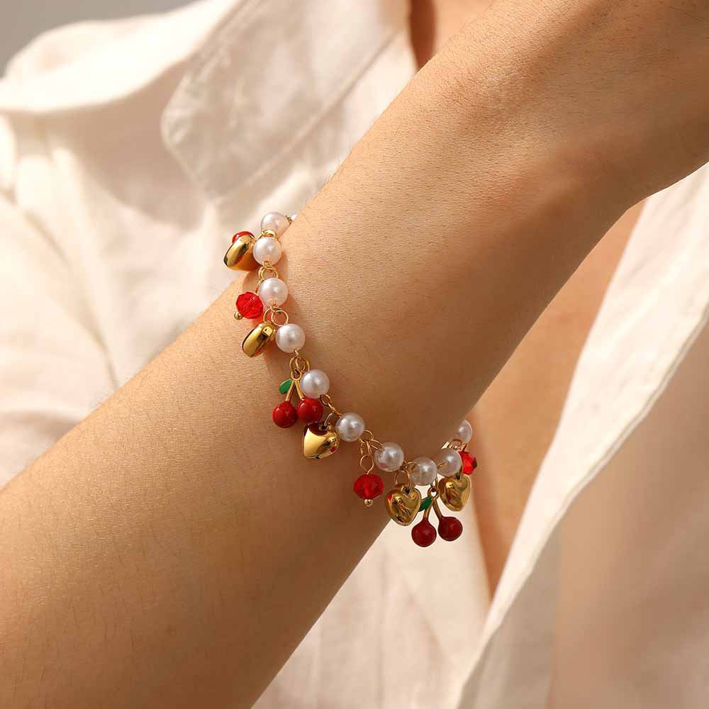 Sweet Gold Plated Drip Oil Fruit Pearl Bracelet with Strawberry Cherry Watermelon Charms