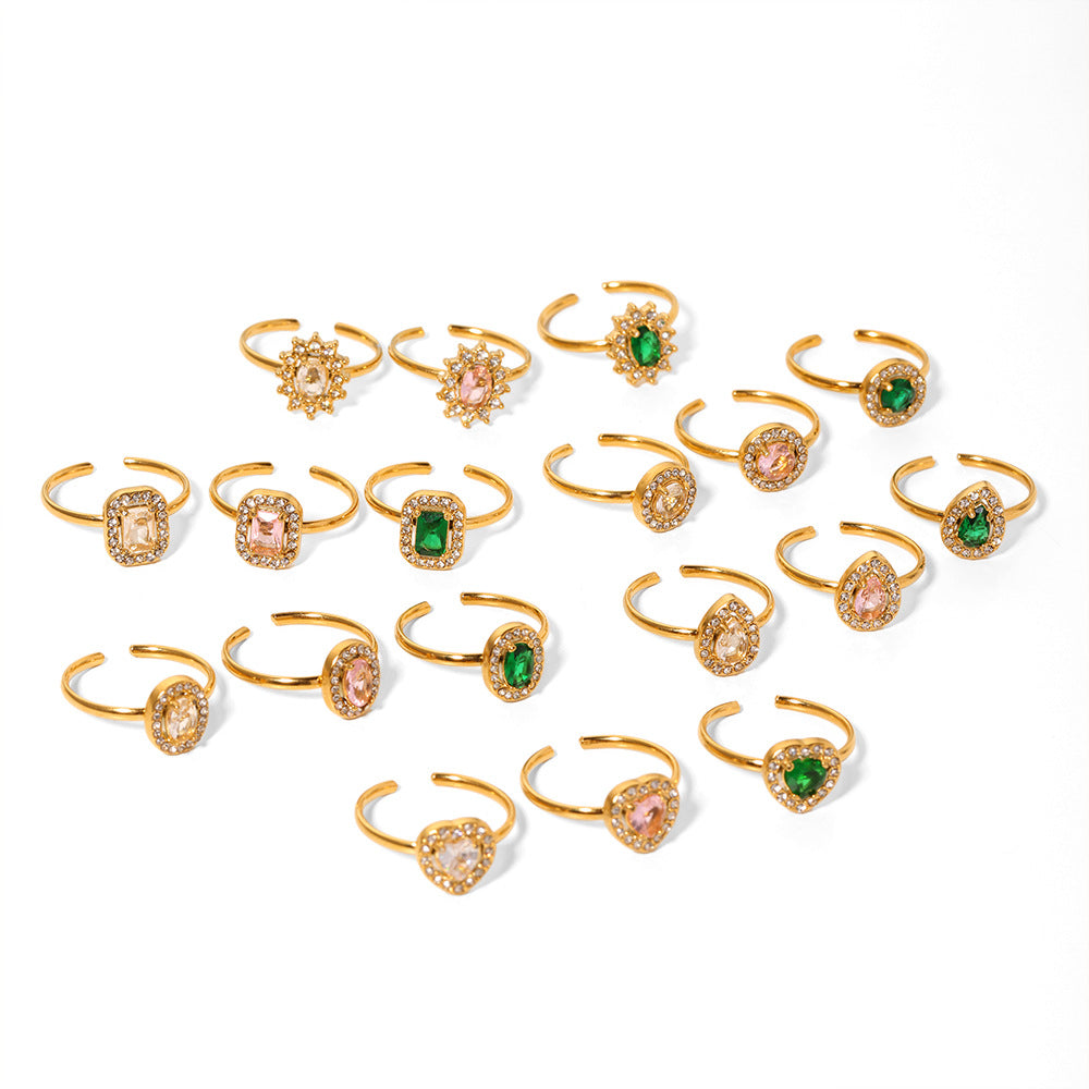 Vintage Stainless Steel Heart-Shaped Geometric Ring with Zircon Inlay and 18K Vacuum Plating for Women