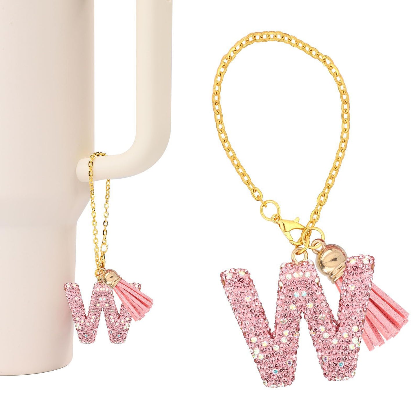 Minimalist Geometric Letter Ceramic Pendant with Gold Adjustable Chain Pink Tassel and Glitter Sequins