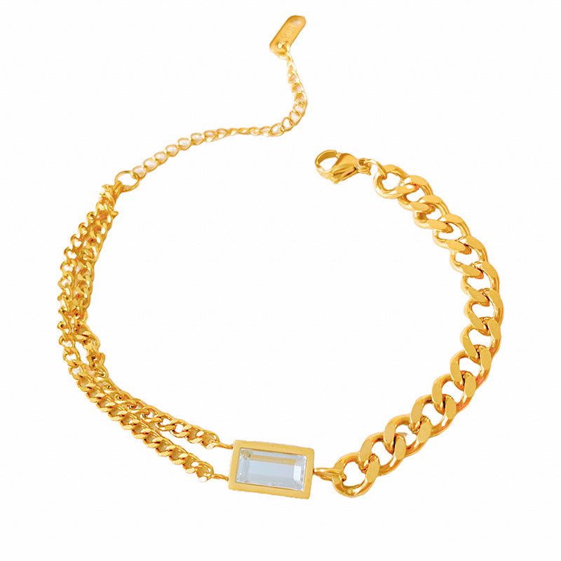 Micro-Set Cubic Zirconia Square Plated Titanium Steel Double Layer Bracelet Unisex