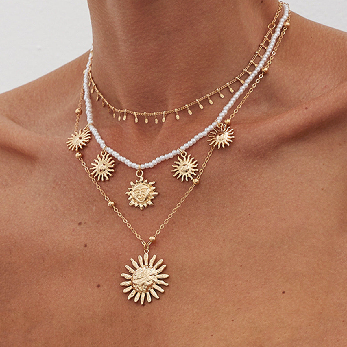 Sweet Floral Alloy Pendant Multi-layer Brass Ball Chain Necklace with Imitation Pearl for Women