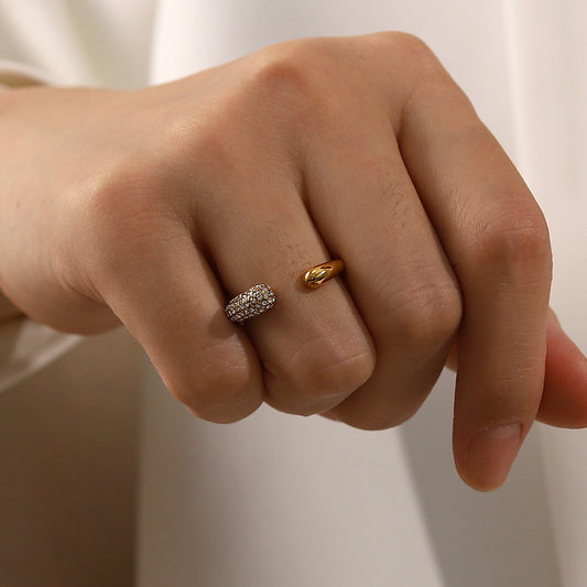 INS Style Geometric Stainless Steel Ring with 18K Gold Plating and White Rhinestone Inlay, Adjustable Open Band for Women