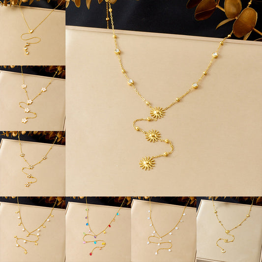 Elegant Gold Plated Stainless Steel Y-Chain Necklace with Rhinestone Floral and Star Charms