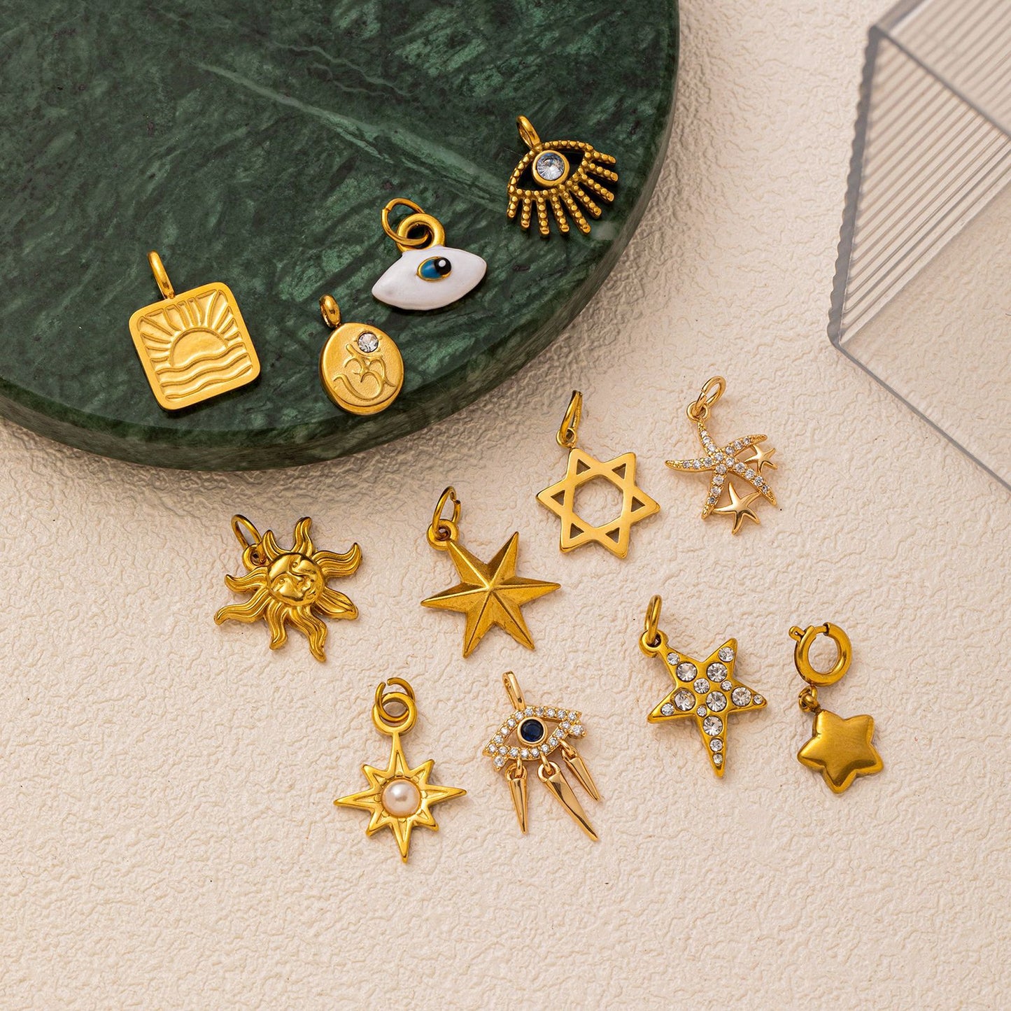Vintage 18K Gold Plated Stainless Steel Star Cubic Zirconia Pendant Charm Bar PVD
