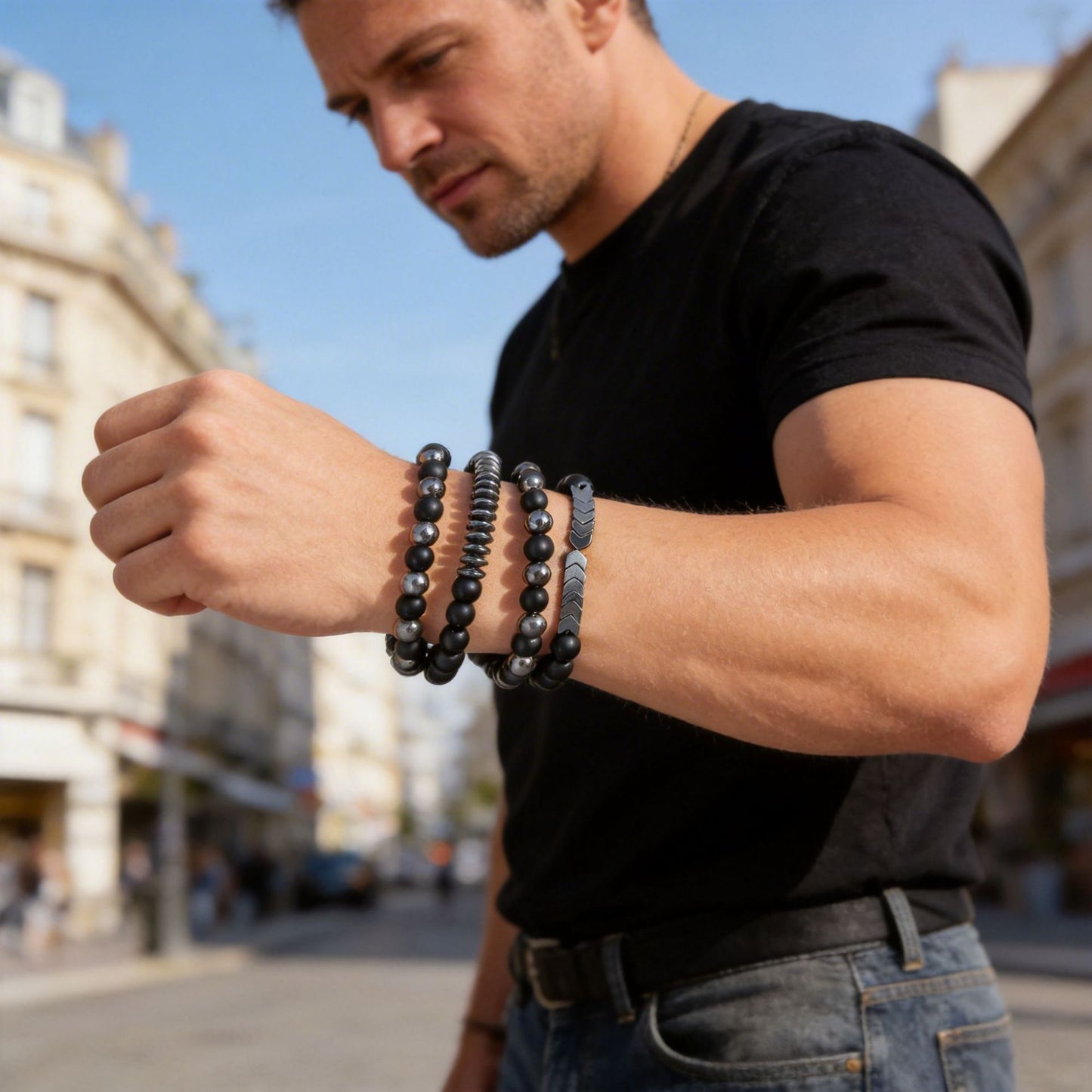 Handmade Geometric Round Hematite Beaded Bracelet Set for Unisex