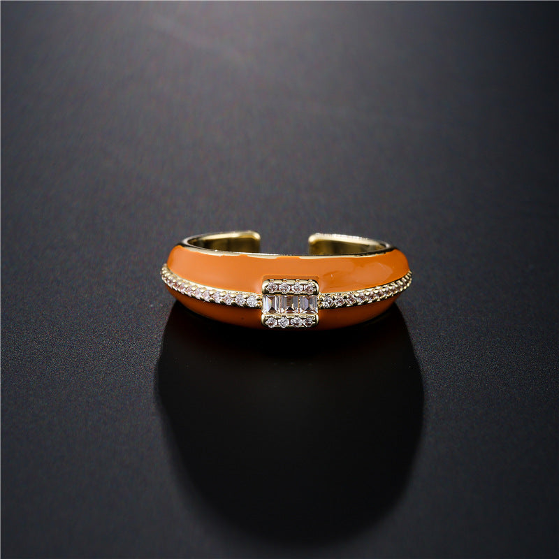Geometric Micro-inlay Cubic Zirconia Brass Drip Oil Plated 18K Gold Open Ring for Women