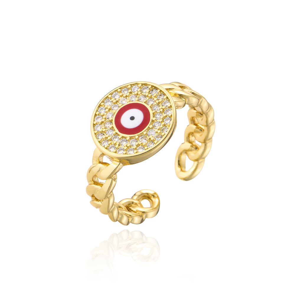 Anello Minimalista Geometrico Aperto da Motociclista in Rame con Occhio di Allah in Smalto e Intarsio di Zirconi