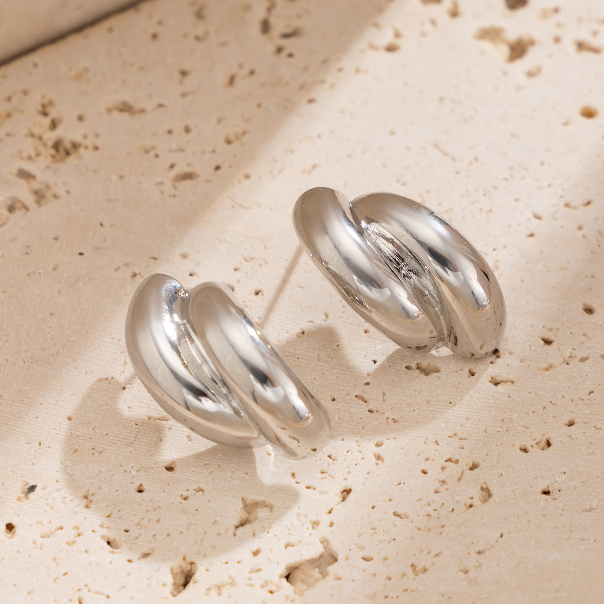 Minimalist Geometric Alloy Stud Earrings for Women with Polished Finish and C-Shaped Hoop Design