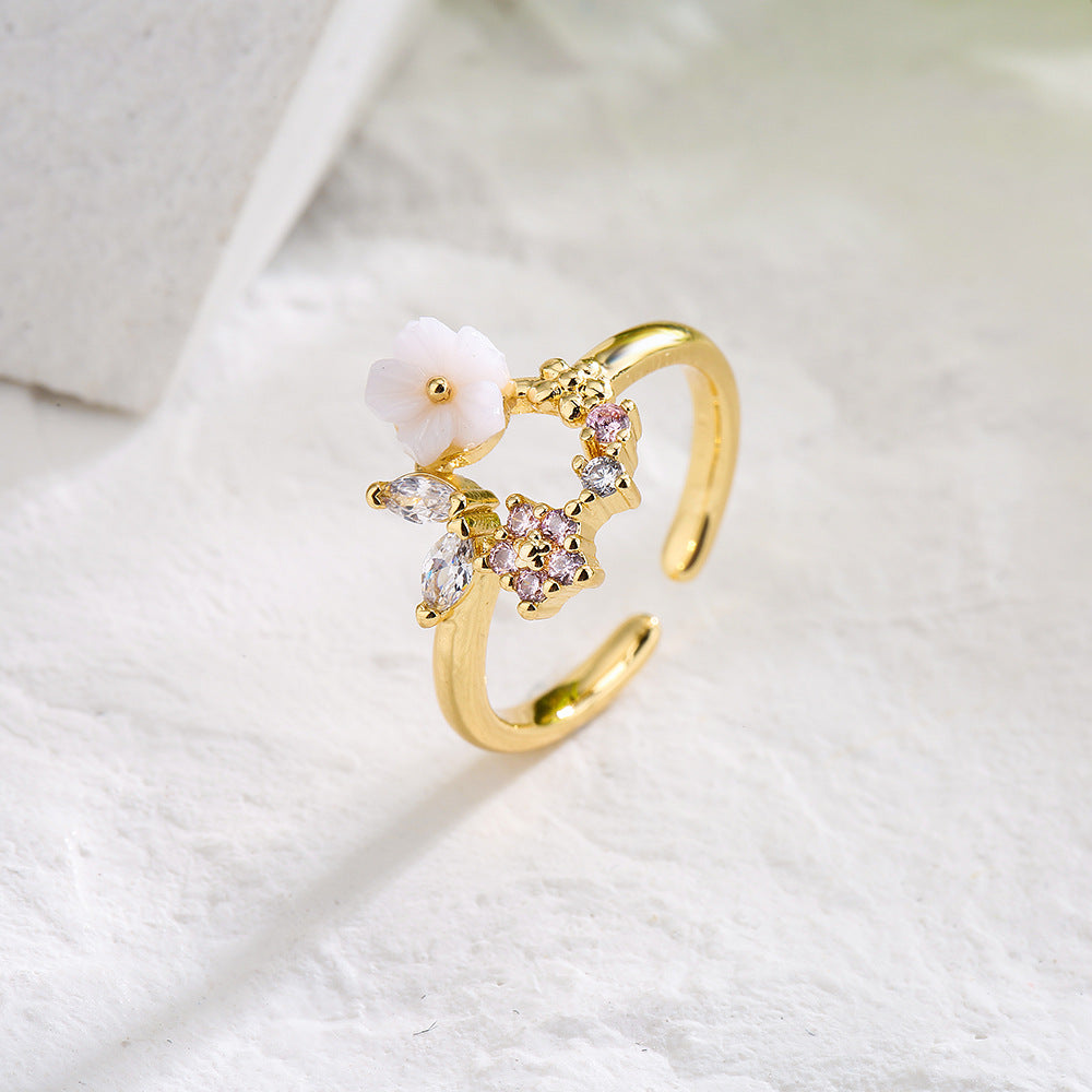Anello Aperto Geometrico Minimalista da Donna Realizzato in Ottone con Placcatura in Oro 18K e Zirconia Micro-Incastonata