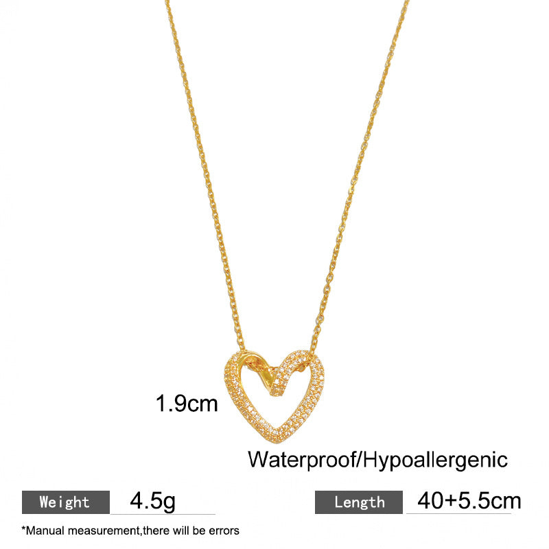 Sweet Minimalist Rhinestone Heart Plated Brass Pendant Titanium Steel Cable Chain Necklace