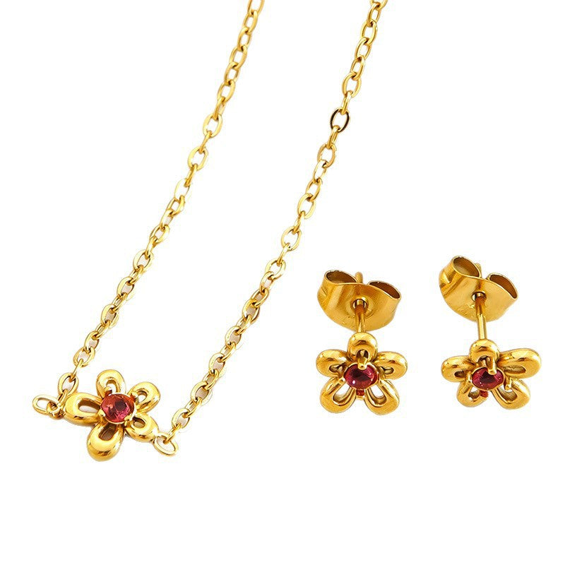 Set collana e orecchini in acciaio inossidabile placcato oro con zirconi cubici, motivo floreale vintage ed elegante