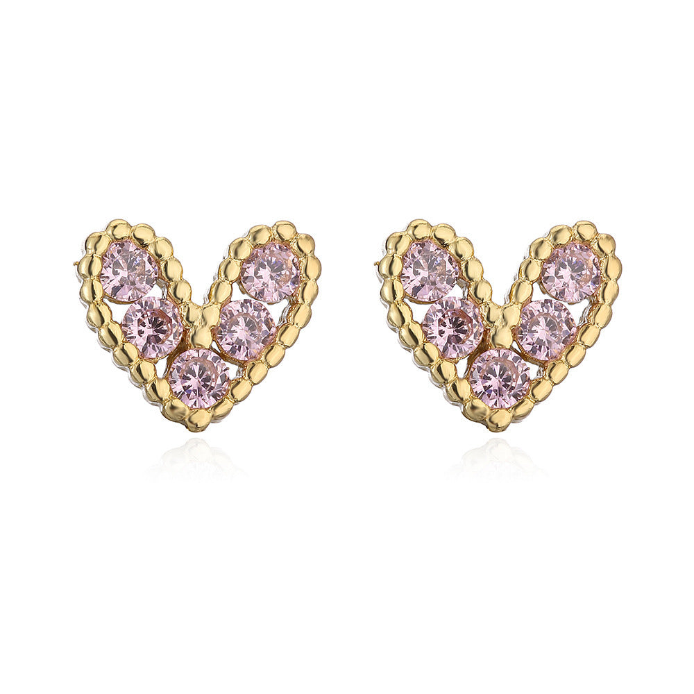Minimalist 18K Gold Plated Brass Heart Stud Earrings with Cubic Zirconia for Women