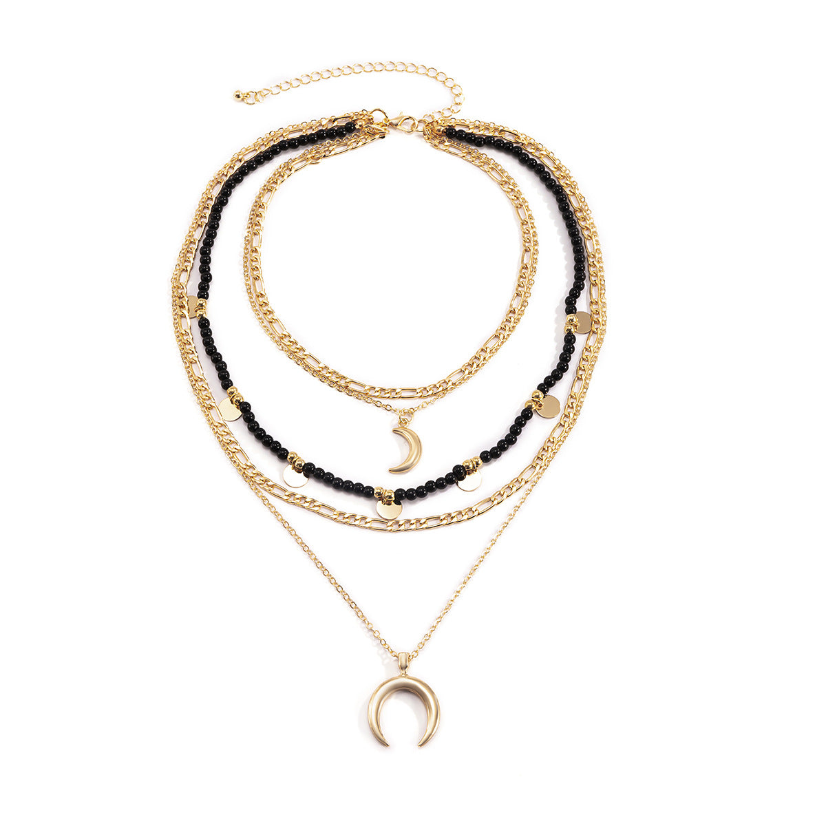 Collana Rustica Chic Multi-Strato con Ciondolo Luna, Perle in Lega, Forma Geometrica, Finitura Galvanizzata e Dettagli Tondi