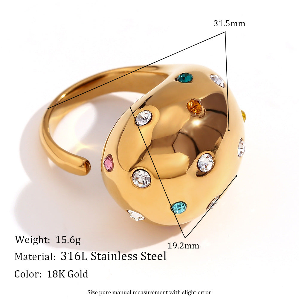 Anello geometrico alla moda in acciaio inossidabile a forma di goccia d'acqua per donna con placcatura in oro 18 carati e texture martellata