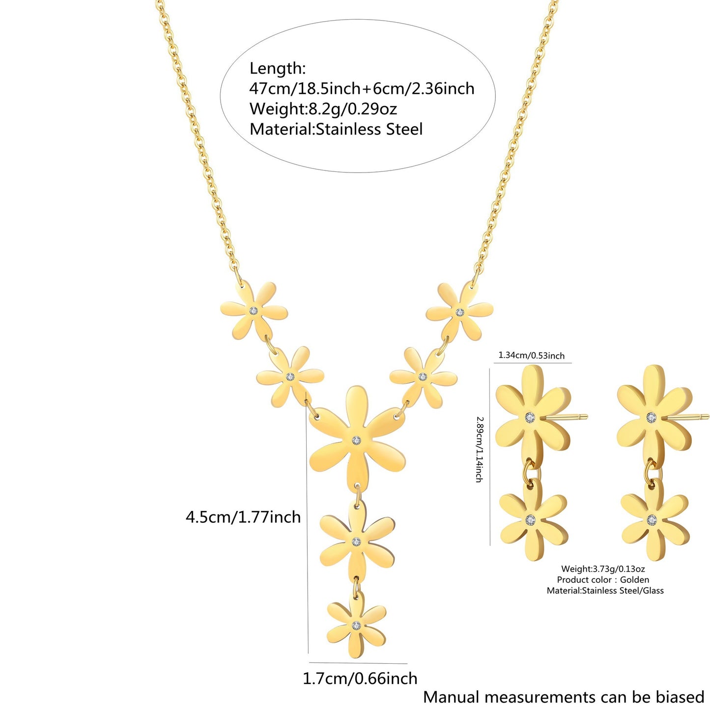 Set di collana e orecchini a forma di margherita in acciaio inossidabile placcato oro 18 carati da donna, stile minimalista