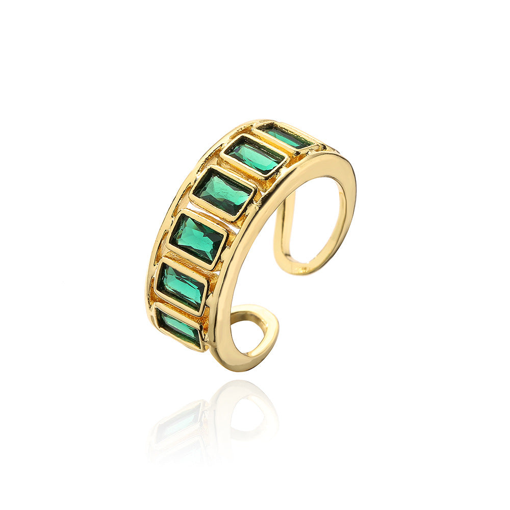 Anello Aperto Geometrico da Donna in Rame con Placcatura in Oro 18K e Intarsio di Zirconi Verdi