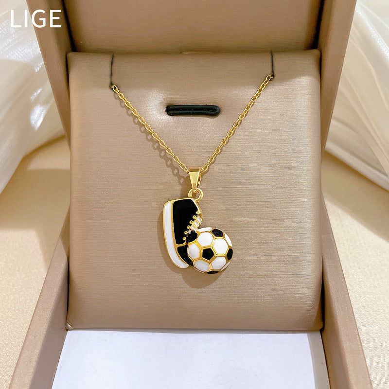 Sweet Sporty Geometric Drip Oil Rhinestone Soccer Shoe Pendant Necklace Titanium Steel Cable Chain