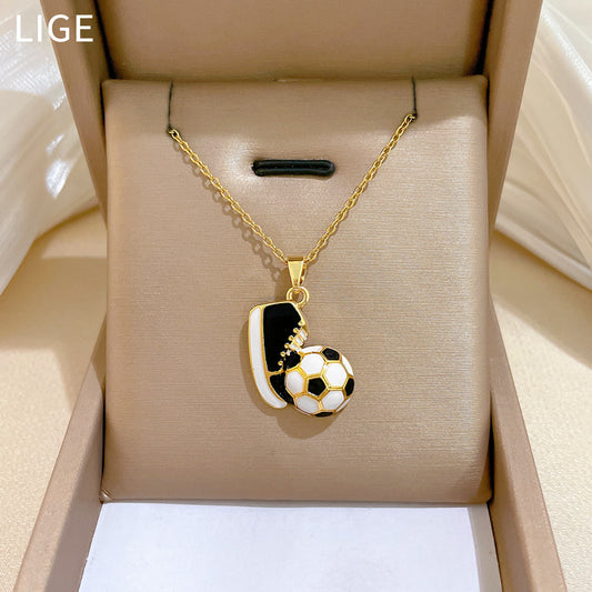 Sweet Sporty Geometric Drip Oil Rhinestone Soccer Shoe Pendant Necklace Titanium Steel Cable Chain