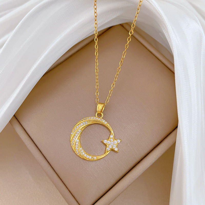 Sweet Elegant Moon Star Geometric Rhinestone Titanium Steel Necklace Unisex Cable Chain