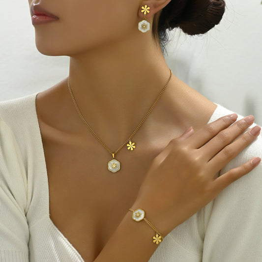 Fresh and Sweet Floral Style Copper Necklace Earrings and Bracelet Set with Mother-of-Pearl Inlay for Women