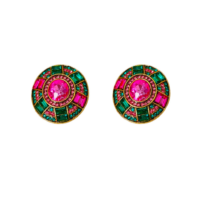 Vintage-Style Geometric Round Stud Earrings in Alloy with Rhinestone Inlay and Gold Plating for Women