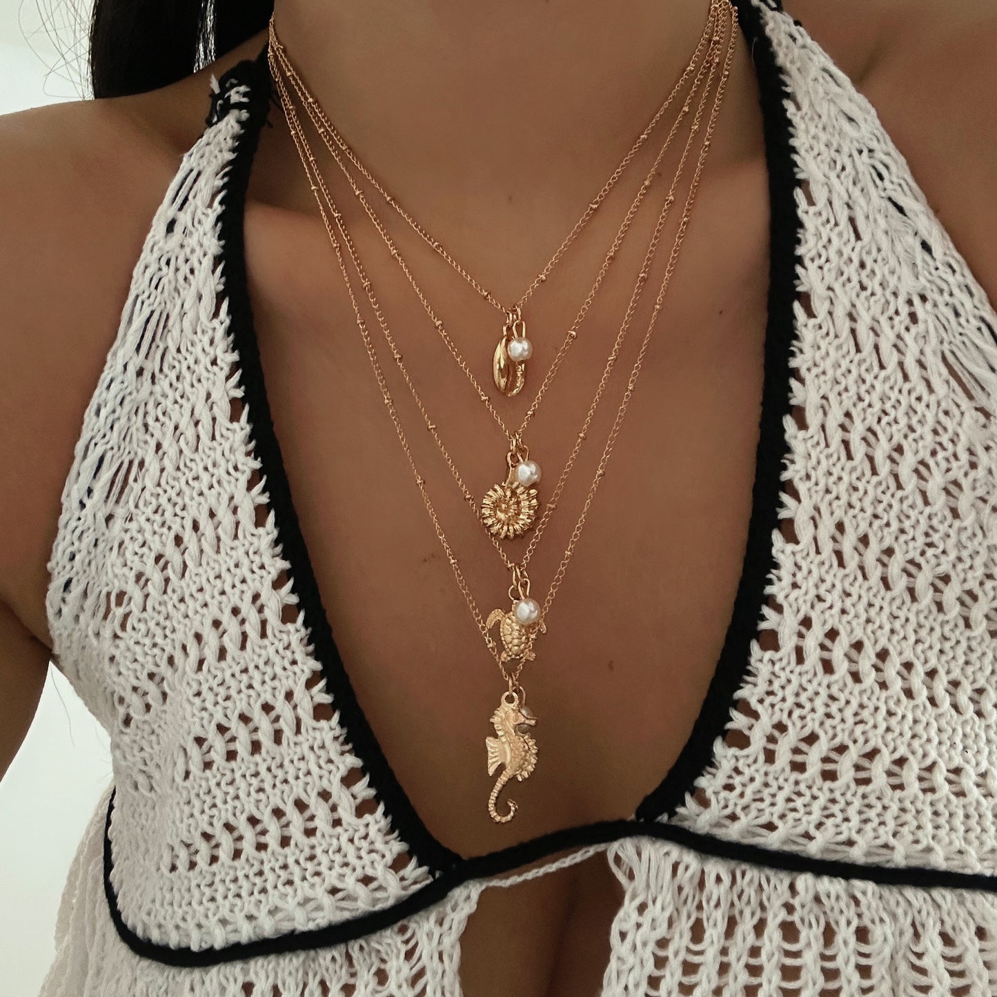 Casual Geometric Alloy Shell Starfish Pearl Pendant Necklace for Women