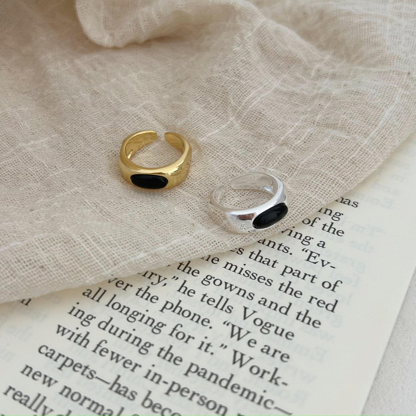 Anello minimalist ovale geometrico in agata nera di bambù, in argento sterling 925, da donna