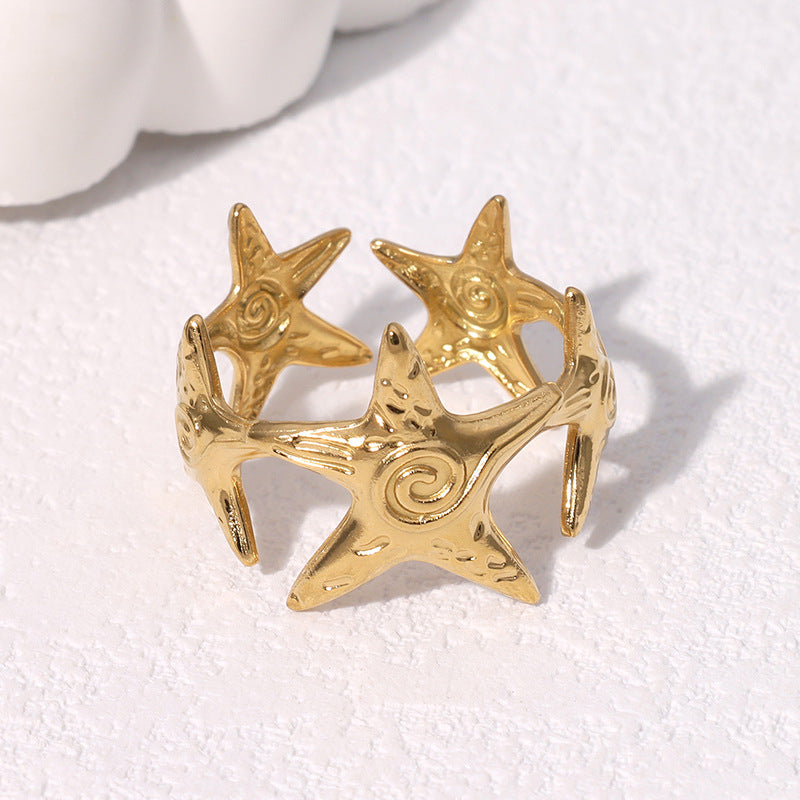 Minimalist Star-Shaped Stainless Steel Ring with 18K Gold Plating Adjustable Open Band Women's Fashion Jewelry