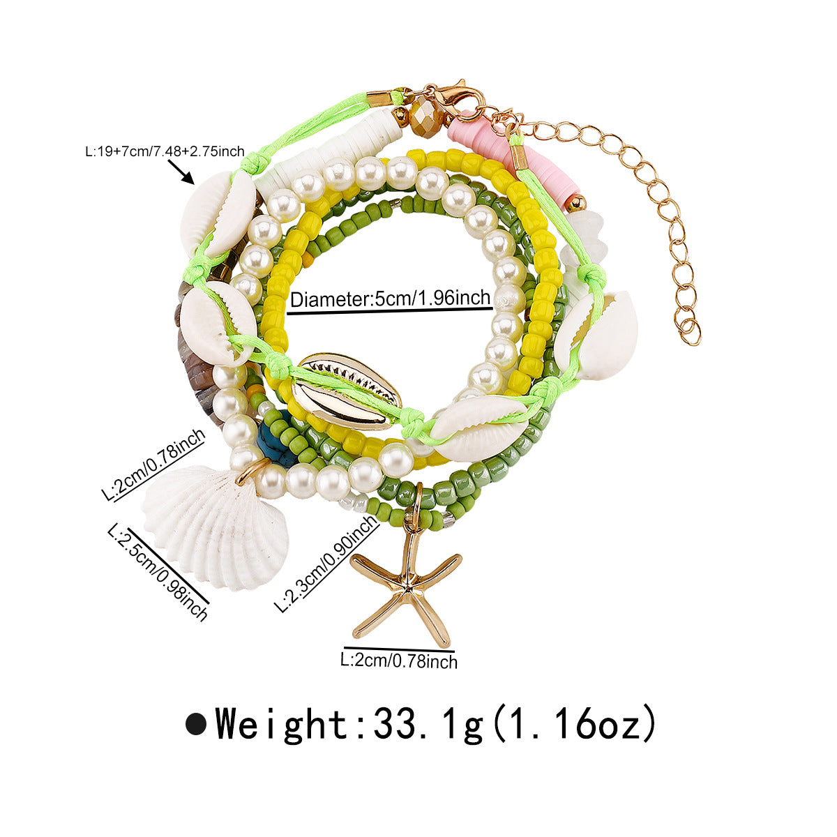 Set di braccialetti bohémien fatti a mano con perline e ciondoli a conchiglia e stella marina, base in lega con perle simulate e perline in vetro