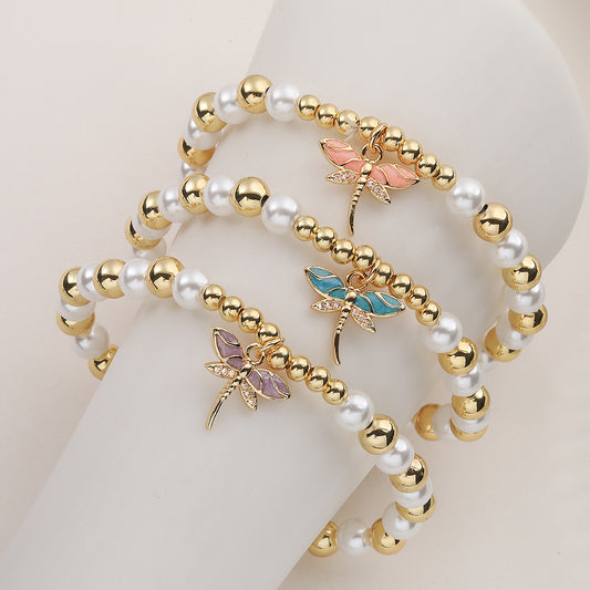 Elegant 18K Gold Plated Brass Geometric Dragonfly Pendant Bracelet with Cubic Zirconia Pearl and Drip Oil for Women