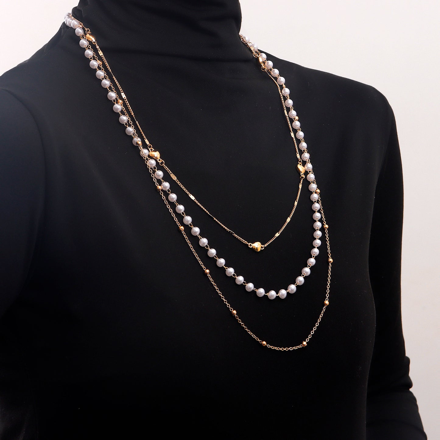 Punk Style Heart-Shaped Electroplated Metal Multi-Layer Sweater Chain for Women with Geometric Design and Pearl Accents